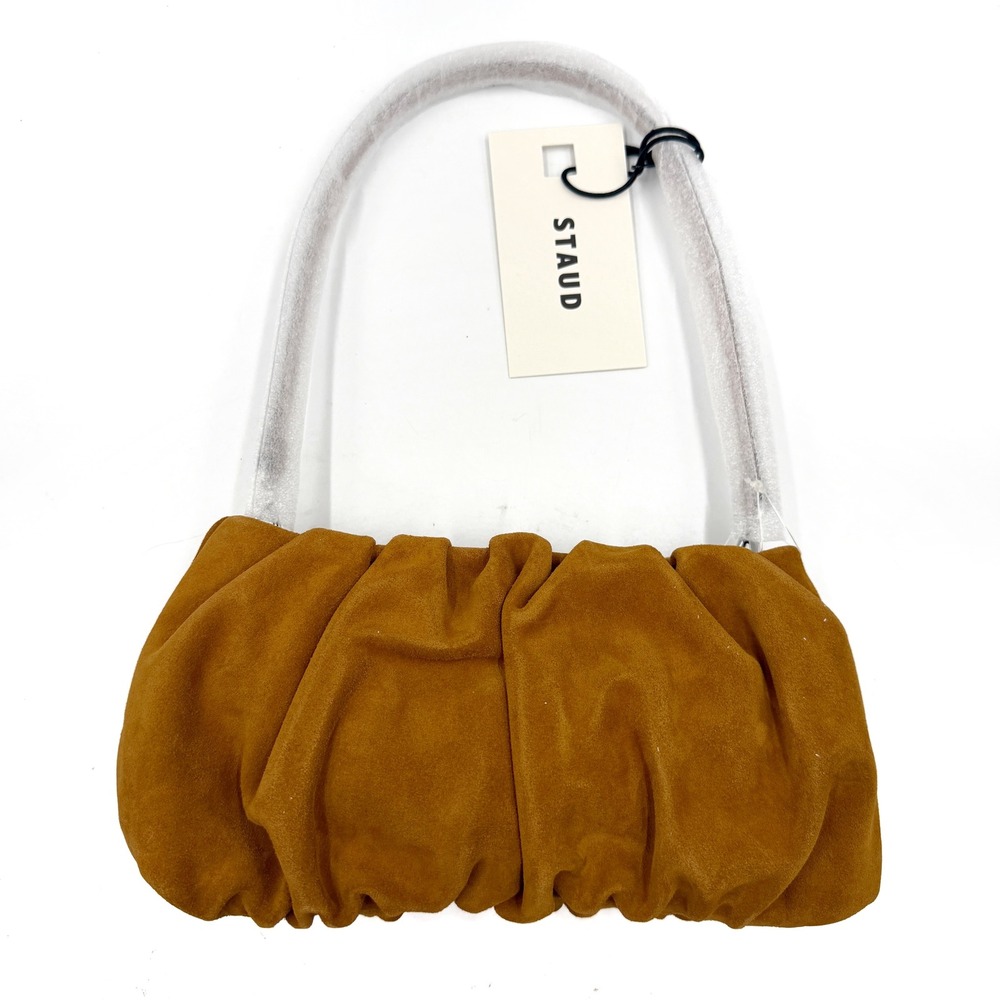 STAUD Bean Convertible Bag Tobacco Brown Suede Ruched Shoulder Handbag NWT - Picture 7 of 10